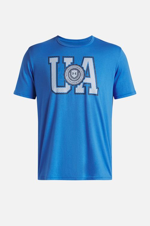 Ua college crest logo short sleeve - blue atlantis & washed navy