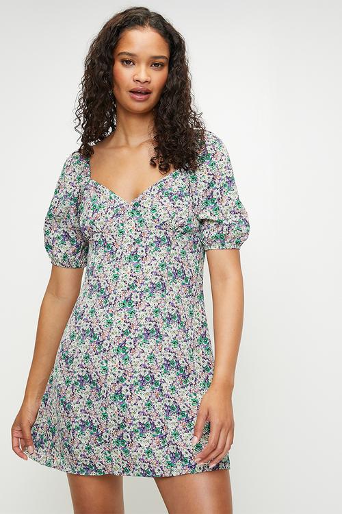 Ladies Floral Puff Sleeve Mini DressWith Sweatheart Neckline - Multi Floral