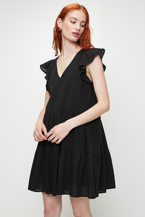 Ladies Short Sleeve V-Neck Tiered Dress - Black