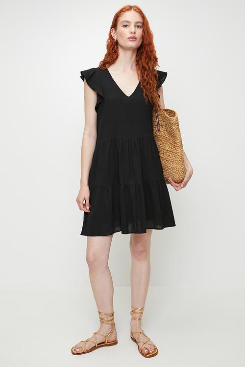 Ladies Short Sleeve V-Neck Tiered Dress - Black