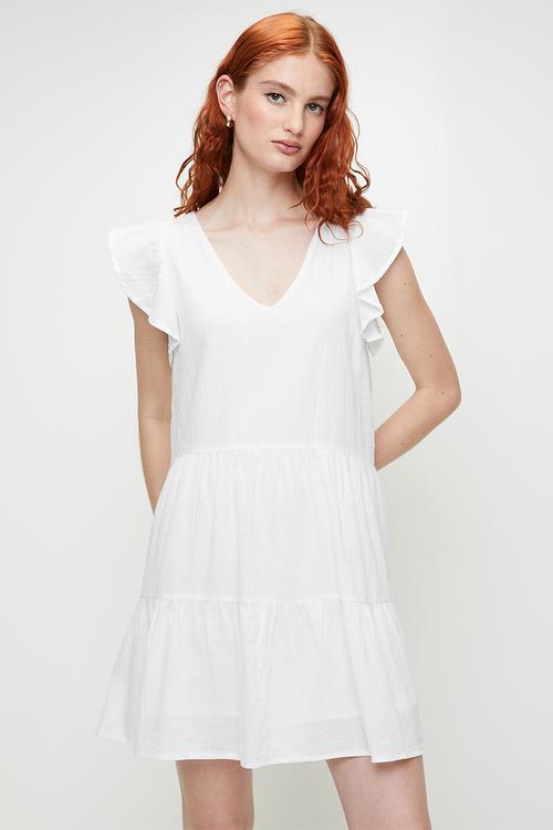 Ladies Short Sleeve V-Neck Tiered Dress - White