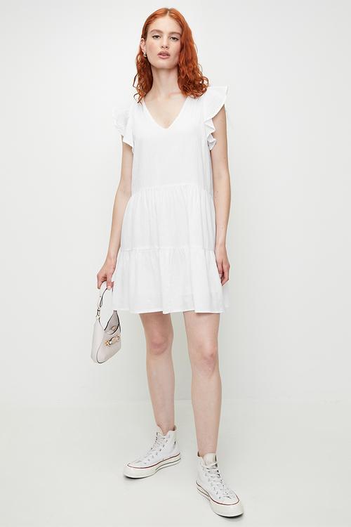 Ladies Short Sleeve V-Neck Tiered Dress - White
