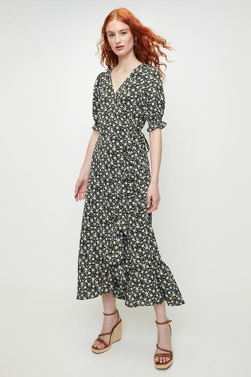 Ladies Floral Wrap Dress - Black Floral