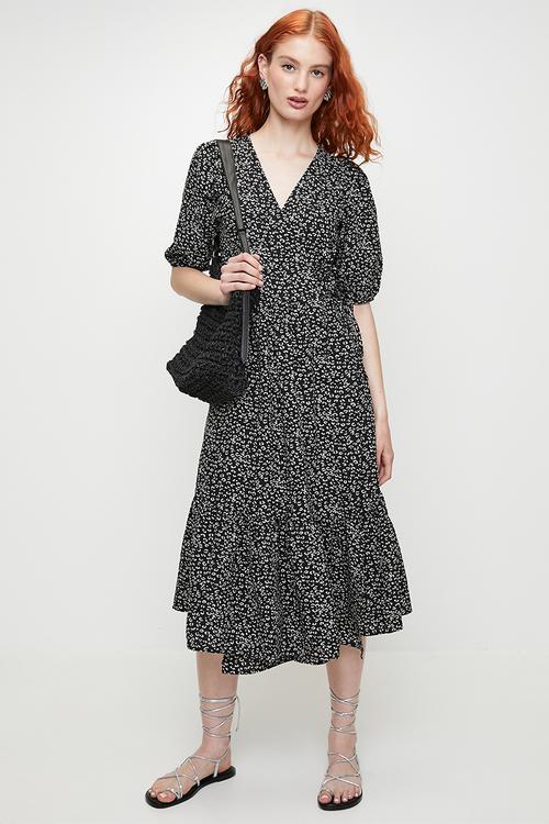 Ladies V-Neck Wrap Front Puffy ShortSleeves Dress - Black/White