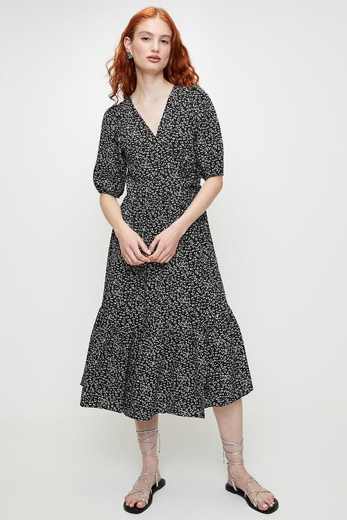 Ladies V-Neck Wrap Front Puffy ShortSleeves Dress - Black/White