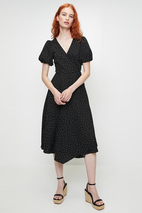V-Front Wrap Midi Dress - Black/White Spot