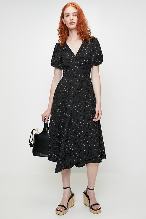 V-Front Wrap Midi Dress - Black/White Spot