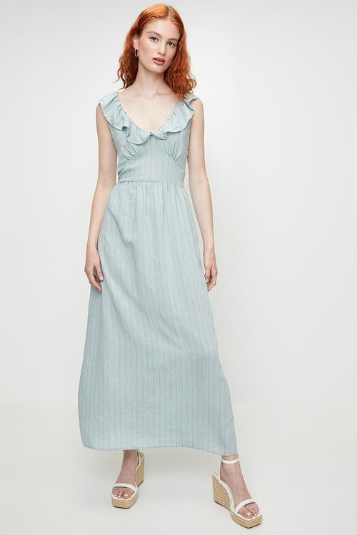 Ladies V Neck Frill Sleeveless Stripe maxi Dress - Light Blue Stripe