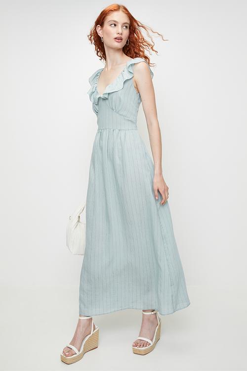 Ladies V Neck Frill Sleeveless Stripe maxi Dress - Light Blue Stripe