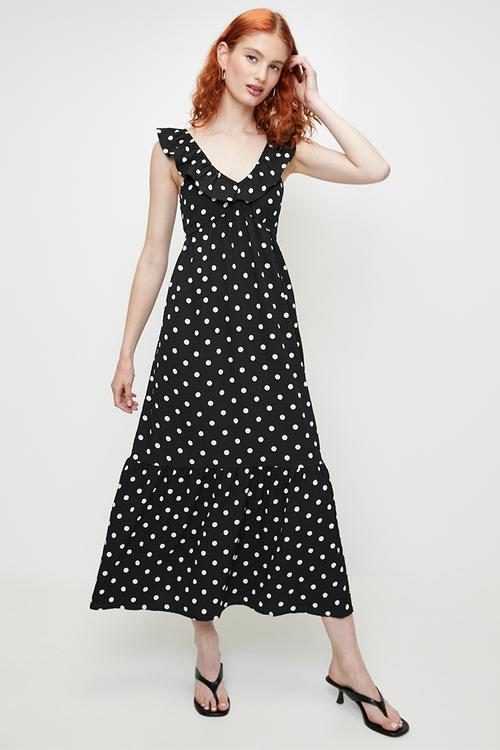 Ladies V Neck Polka Dot Maxi Dress With Frill Sleeve - Black/White