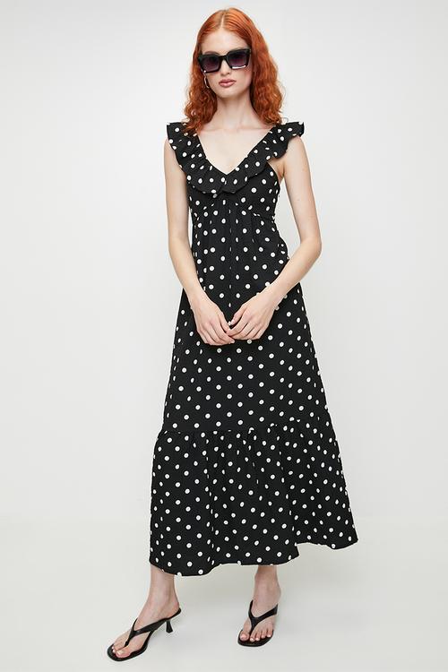 Ladies V Neck Polka Dot Maxi Dress With Frill Sleeve - Black/White