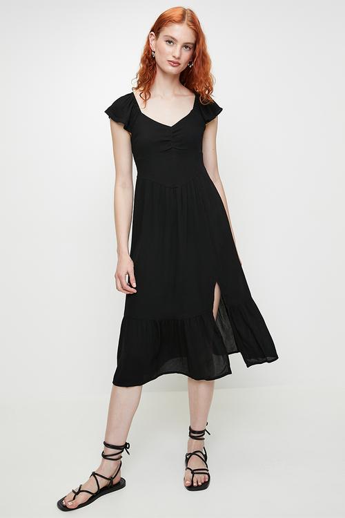 Ladies Bustier Midi Dress With Side Split Detail - Black