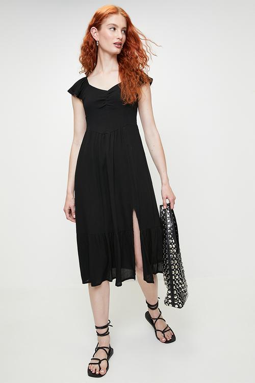 Ladies Bustier Midi Dress With Side Split Detail - Black