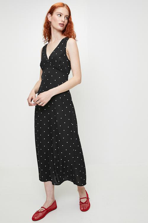 Ladies V Neck Bias Cut Midi Floral Print Dress - Black/White Floral