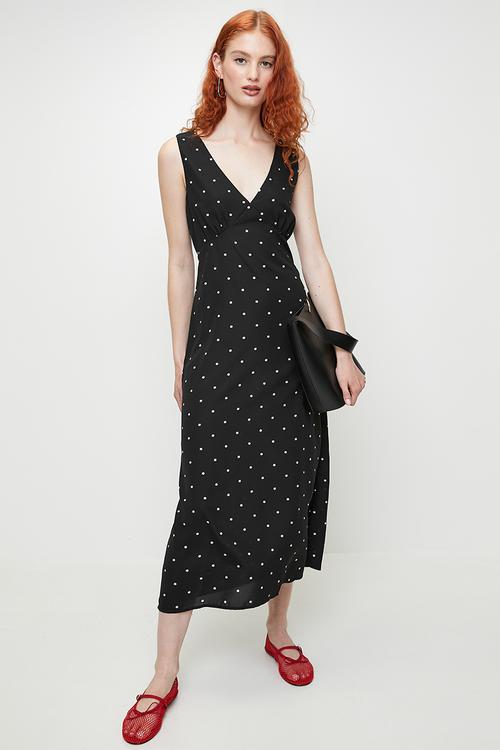 Ladies V Neck Bias Cut Midi Floral Print Dress - Black/White Floral