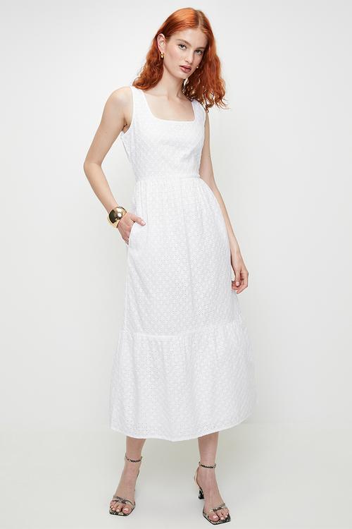 Ladies Strappy Tiered Broiderie Maxi Dress - White