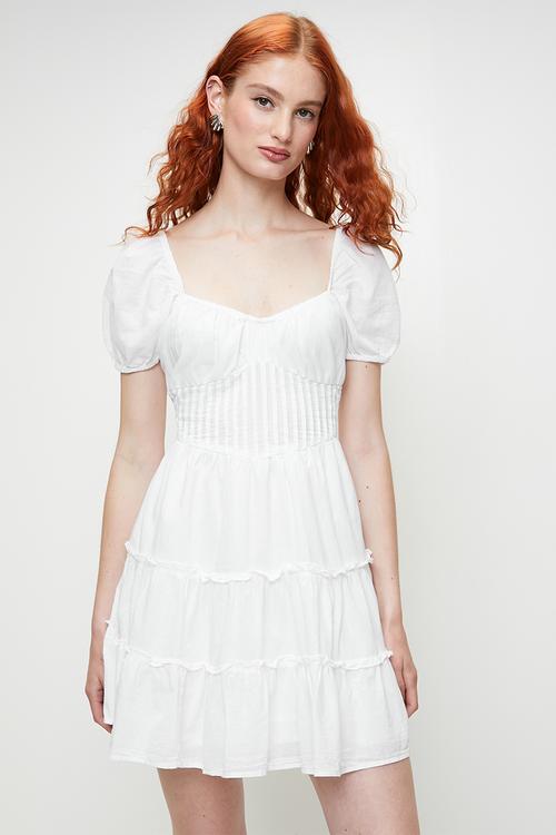 Ladies Short Sleeve Pleated Dress - White