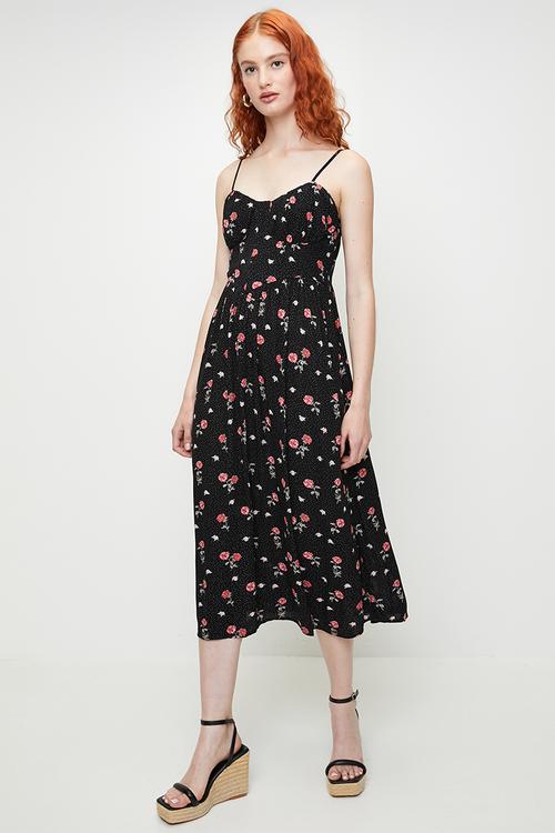 Ladies Strappy Bustier Printed Dress - Black/Red Floral