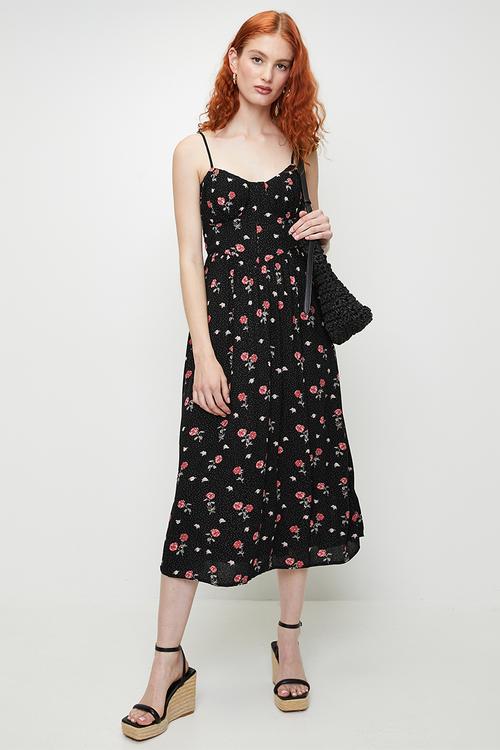 Ladies Strappy Bustier Printed Dress - Black/Red Floral