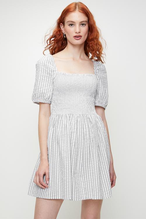 Ladies Square Neck Sheered StripeDress With Puff Sleeve - Grey/White
