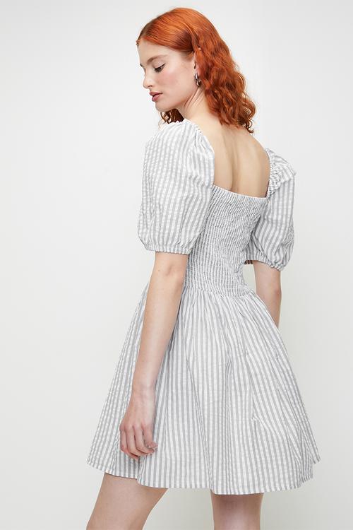 Ladies Square Neck Sheered StripeDress With Puff Sleeve - Grey/White