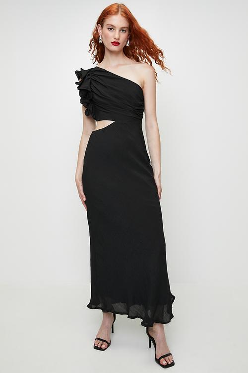 Corsage detail Asymmetric Maxi Dress - Black