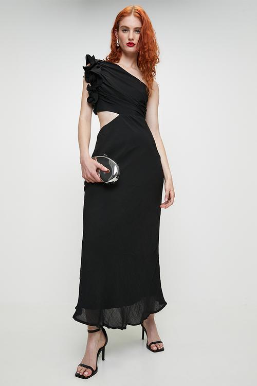 Corsage detail Asymmetric Maxi Dress - Black