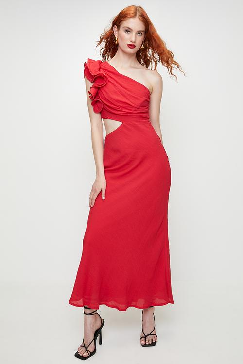 Corsage detail Asymetric Maxi Dress - Red