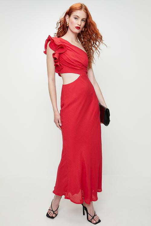 Corsage detail Asymetric Maxi Dress - Red