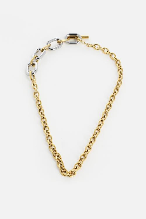 Trendy two tone link and t bar necklace - gold