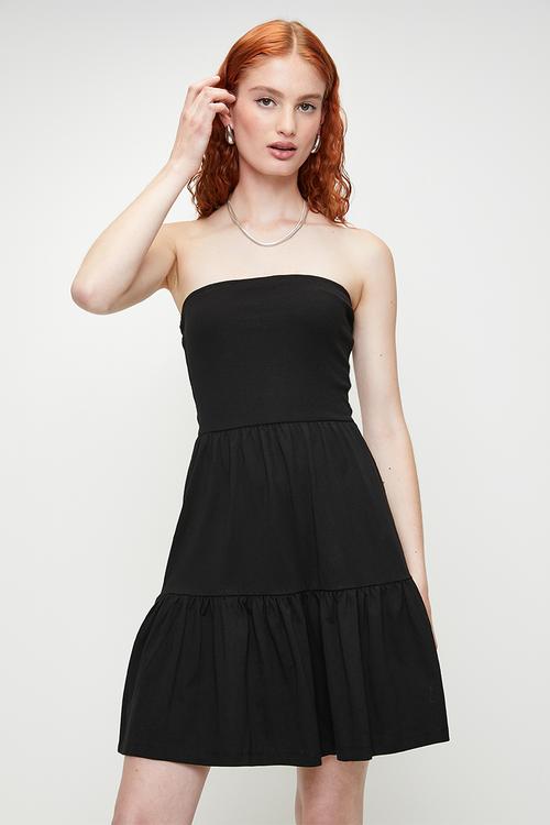 Ladies Strapless Tiered Mini Dress - Black