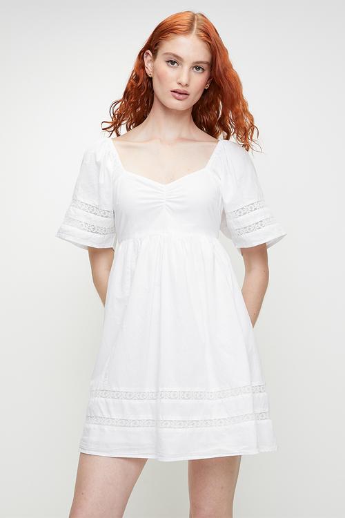 Ladies Short Sleeve Mini Dress With Trim Detail - White