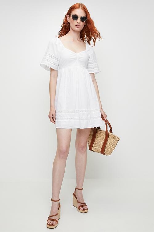 Ladies Short Sleeve Mini Dress With Trim Detail - White