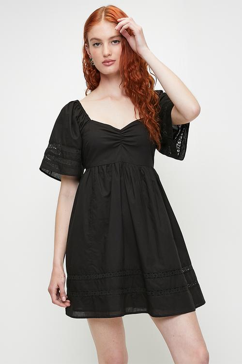 Ladies Short Sleeve Mini Dress With Trim Detail - Black