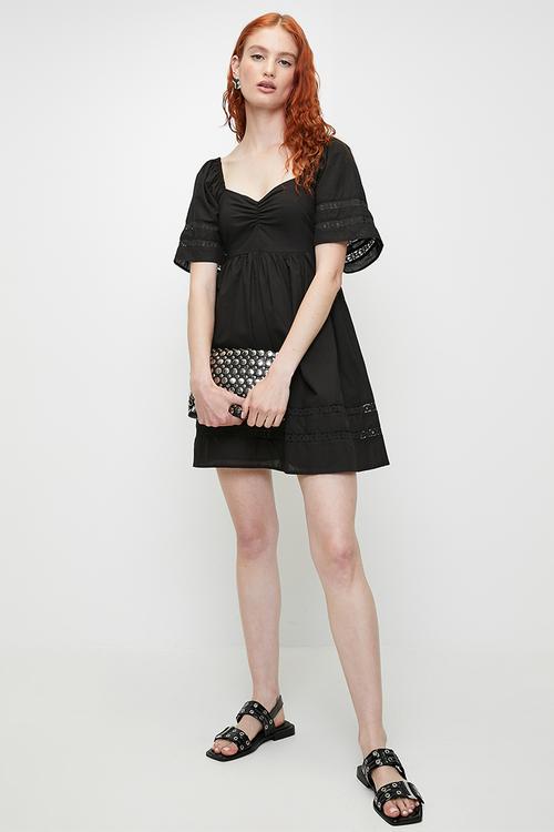 Ladies Short Sleeve Mini Dress With Trim Detail - Black
