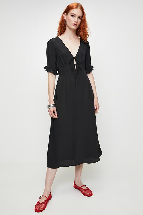 Ladies V-Neck Short Sleeve Midi With Tie Front Detail - Black