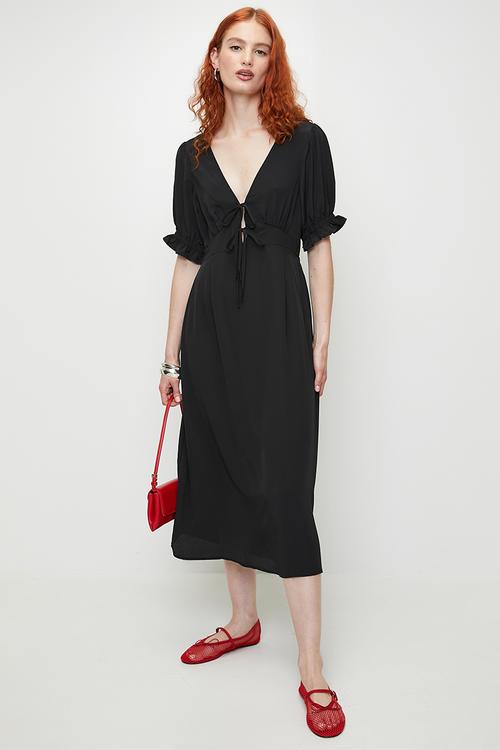 Ladies V-Neck Short Sleeve Midi With Tie Front Detail - Black