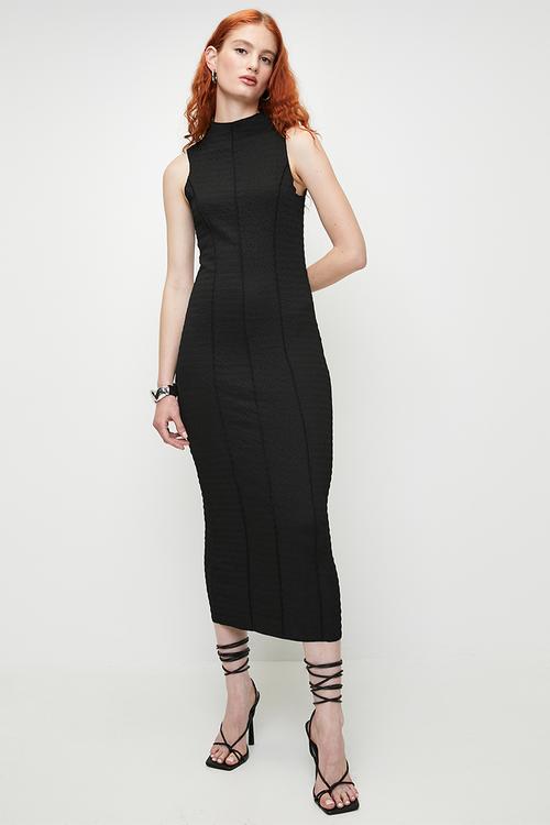 Ladies High Neck Textured Jersey Sleeveless Maxi Dress - Black