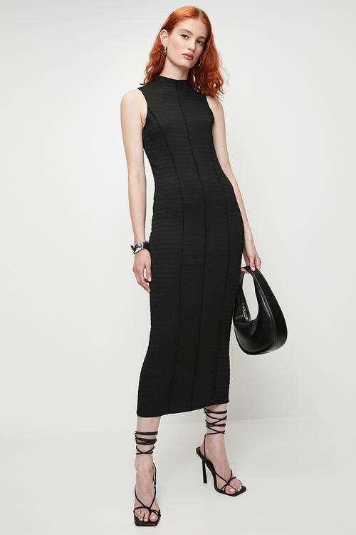 Ladies High Neck Textured Jersey Sleeveless Maxi Dress - Black
