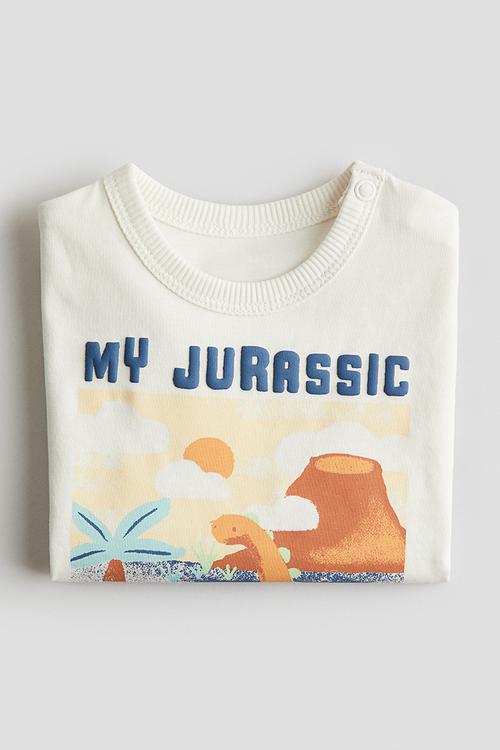 Printed cotton t-shirt - cream dinosaurs 