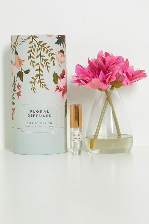 2 Fuchsia Gerberas & Tropical Breeze Diffuser Gift Set - pink