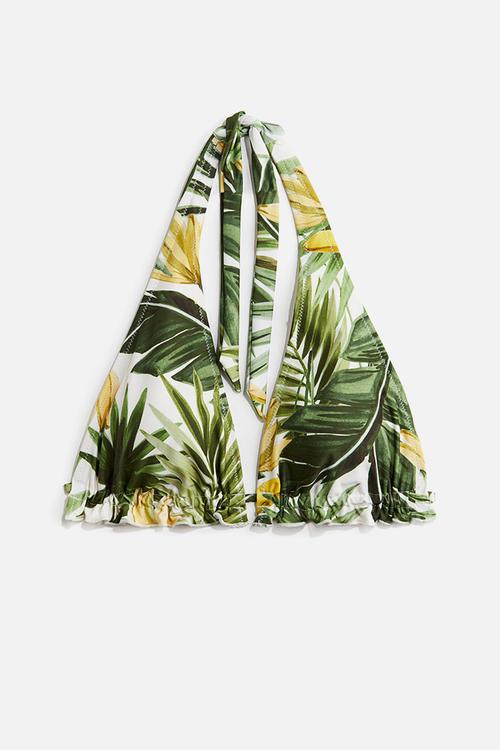 Padded triangle bikini top - white/green patterned