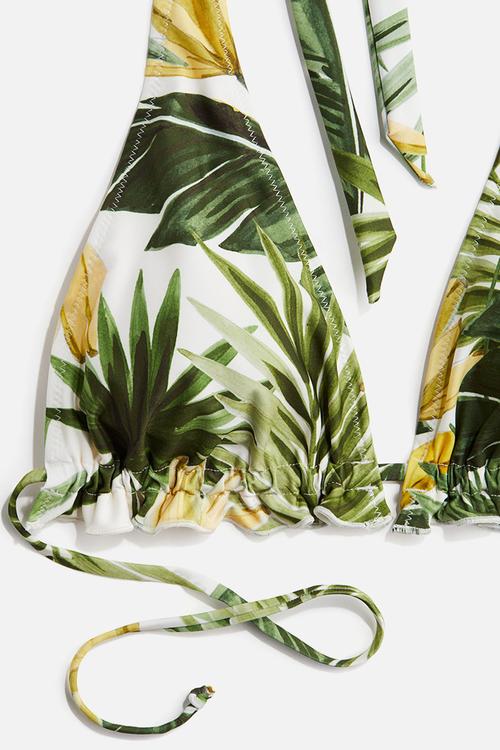 Padded triangle bikini top - white/green patterned