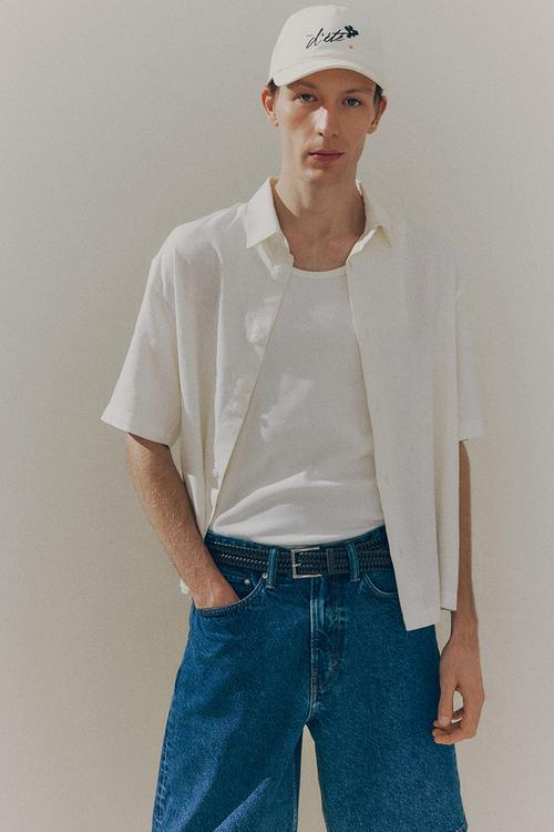 Loose fit short-sleeved linen-blend shirt - cream