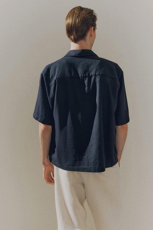 Loose fit short-sleeved linen-blend shirt - navy blue