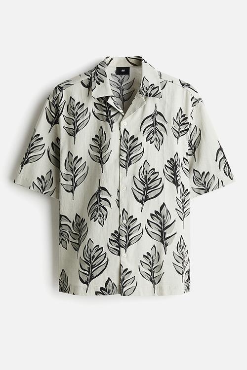 Regular fit linen-blend resort shirt - white & grey patterned