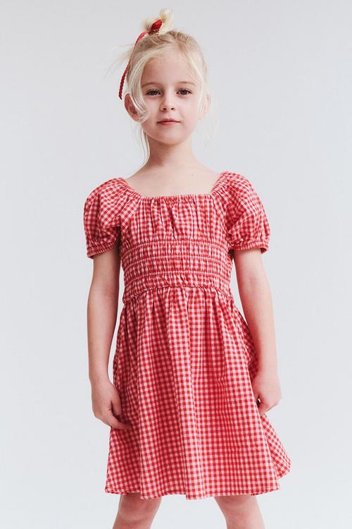 Emerson puff sleeve dress - varsity red & fairy pink gingham