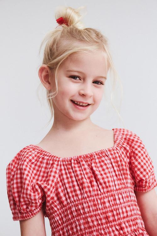 Emerson puff sleeve dress - varsity red & fairy pink gingham
