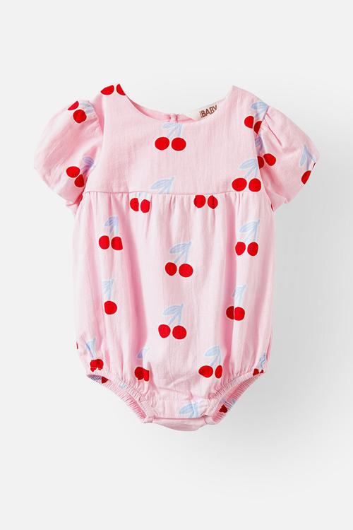 Perry short sleeve bubbysuit - blush pink/cherries