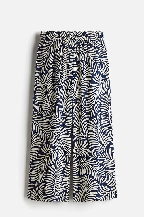 Cropped pull-on trousers - navy blue & white patterned 